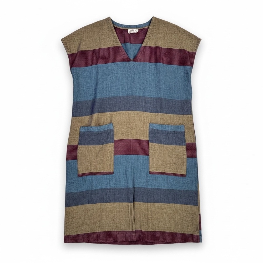 Artisan Shift Dress Mata Traders XL‎ Earthy Striped Cotton/Rayon Pockets Boho